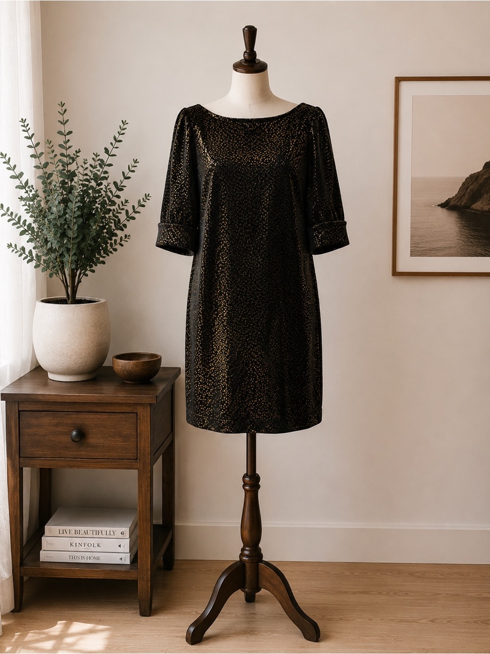RW&CO Velvet Black Gold Metallic Jacquard Holiday Cocktail Shift Dress Size L